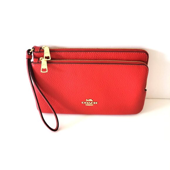 Coach CU919 Pebbled Leather Double Zip Wallet Clutch Wristlet True Red - Picture 2 of 8